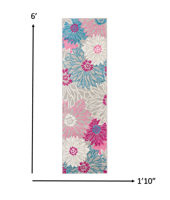 HomeRoots 2' x 6' Gray and Pink Tropical Flower Runner Rug