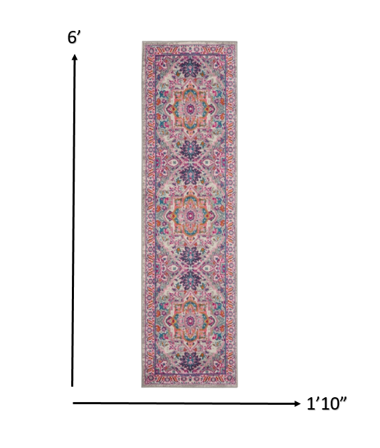 HomeRoots 2' x 6' Light Gray and Pink Medallion Runner Rug