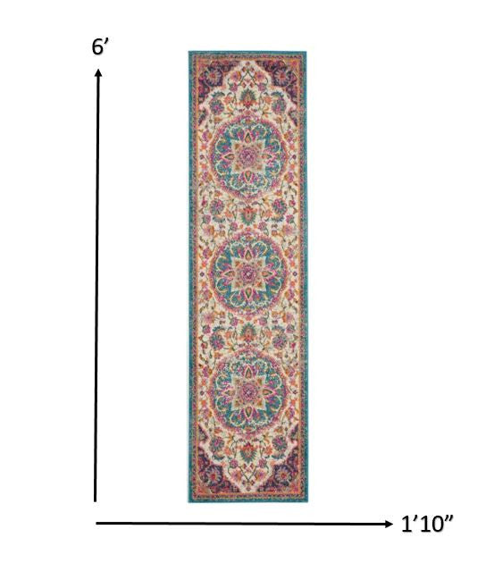 HomeRoots 2' x 6' Pink and Blue Floral Medallion Runner Rug
