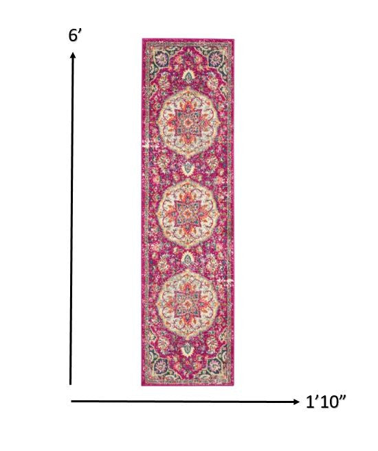 HomeRoots 2' x 6' Pink and Ivory Medallion Runner Rug