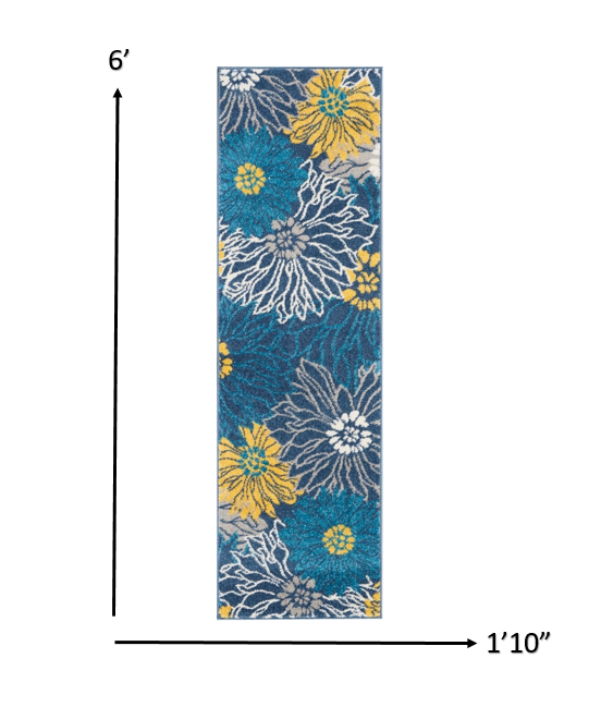 HomeRoots 2’ x 6’ Tropical Flower Runner Rug in Blue Finish