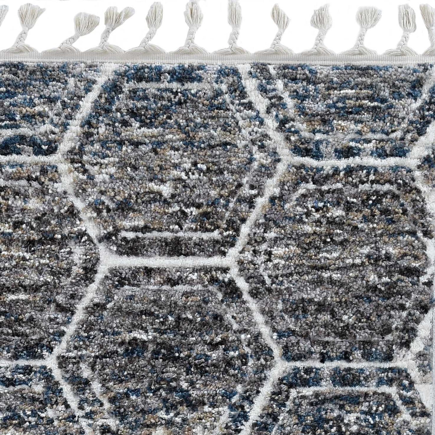 HomeRoots 2' x 7' Grey or Teal Geometric Hexagon Runner Rug with Fringe