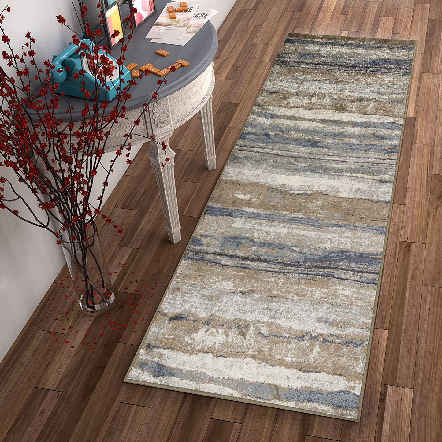 HomeRoots 2' x 7' Ivory or Blue Landscape Viscose Runner Rug