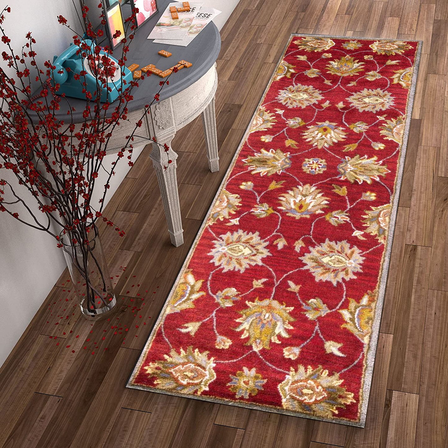 HomeRoots 2' x 7' Red Floral Vines Bordered Wool Runner Rug