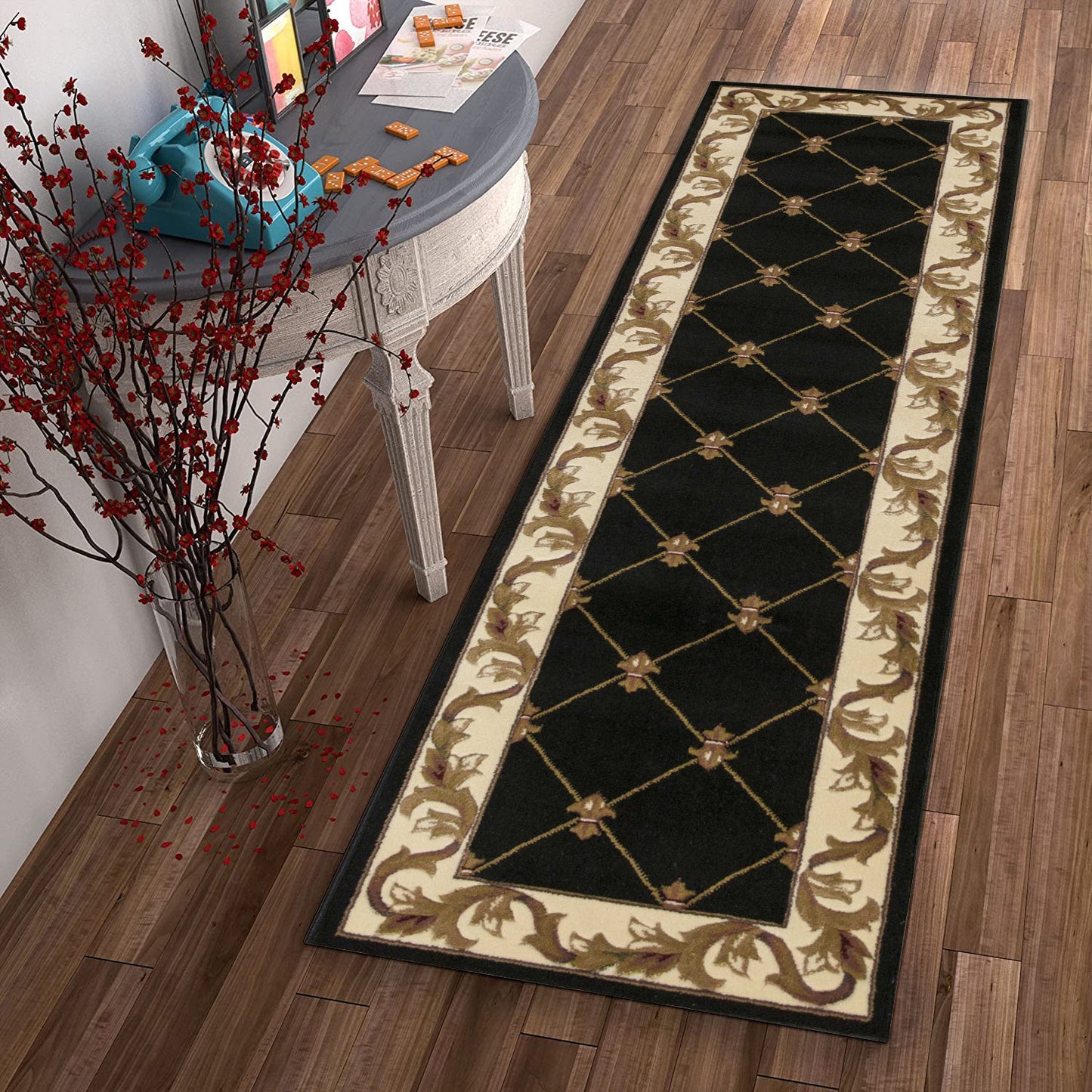 HomeRoots 2' x 8' Black Fleur de Lis Runner Rug