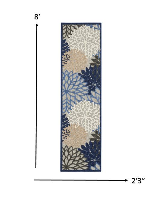 HomeRoots 2’ x 8’ Blue Large Floral Indoor Outdoor Runner Rug