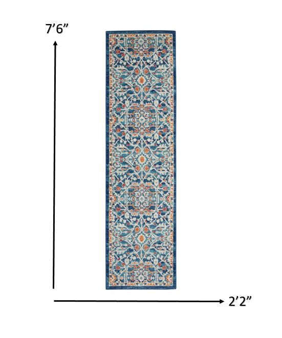 HomeRoots 2’ x 8’ Blue White Multi Medallion Runner Rug