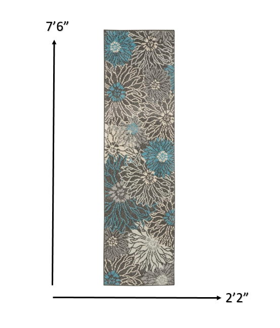 HomeRoots 2’ x 8’ Charcoal and Blue Big Flower Runner Rug