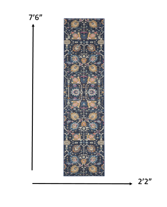 HomeRoots 2' x 8' Navy Blue Floral Buds Runner Rug