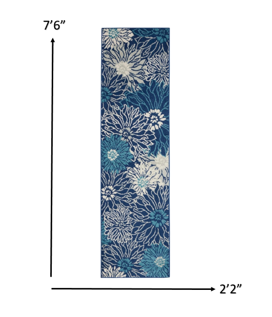 HomeRoots 2' x 8' Navy and Ivory Floral Runner Rug