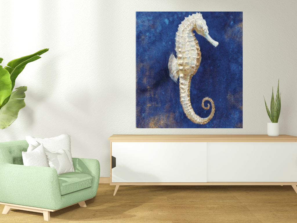 HomeRoots 20" Rustic Deep Blue and Gold Seahorse Giclee Wrap Canvas Wall Art
