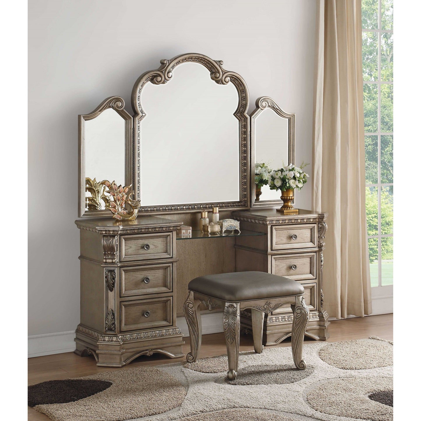 HomeRoots 20" x 20" x 19" PU Vanity Stool In Antique Champagne Finish
