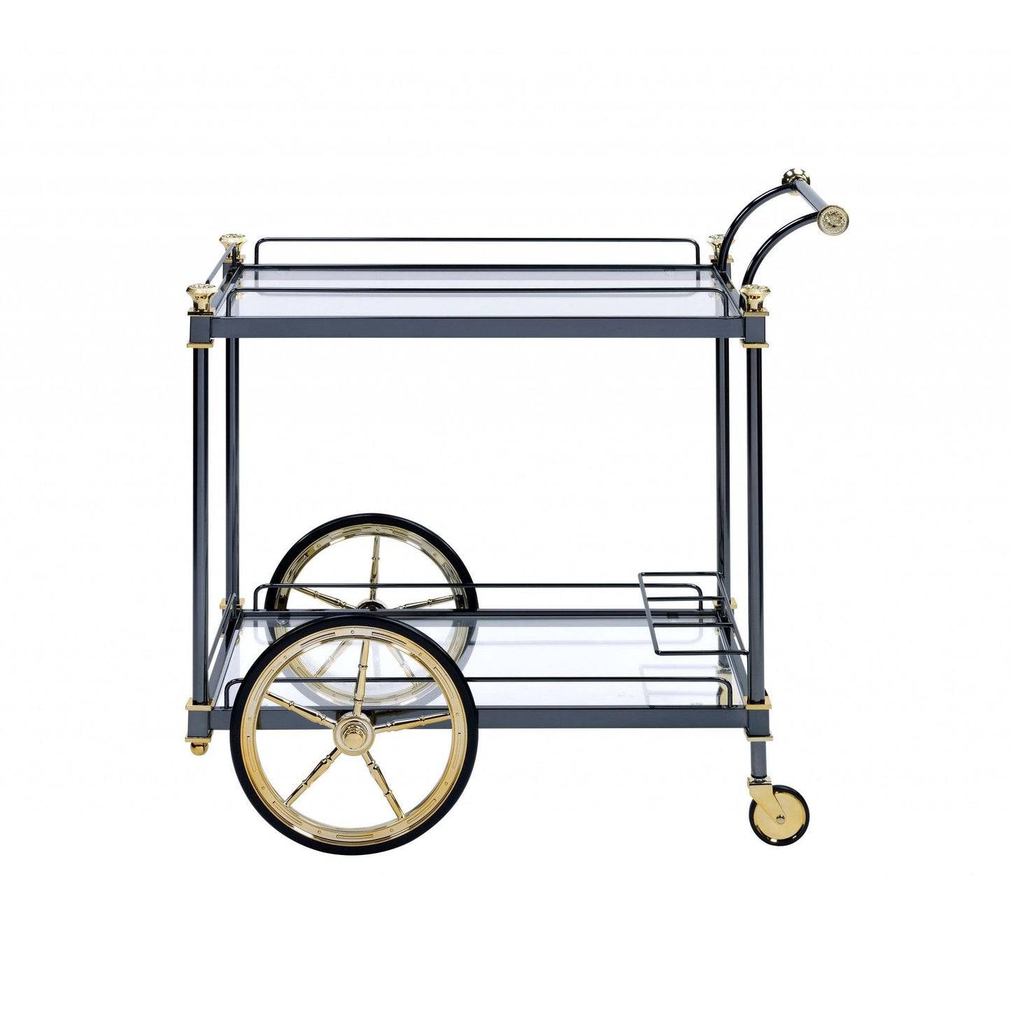 HomeRoots 20" x 31" x 31" Metal Casters Serving Cart in Black Gold and Clear Glass Finish