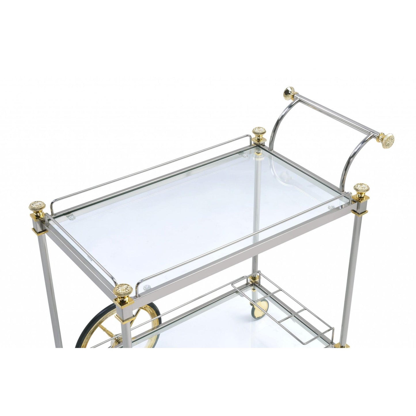 HomeRoots 20" x 31" x 31" Metal Casters Serving Cart in Silver Gold and Clear Glass Finish