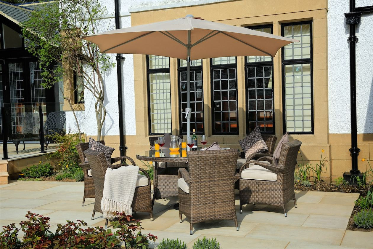 HomeRoots 211" x 55" x 32" Brown Outdoor Dining Set With Washed Cushion in 7-Piece Set