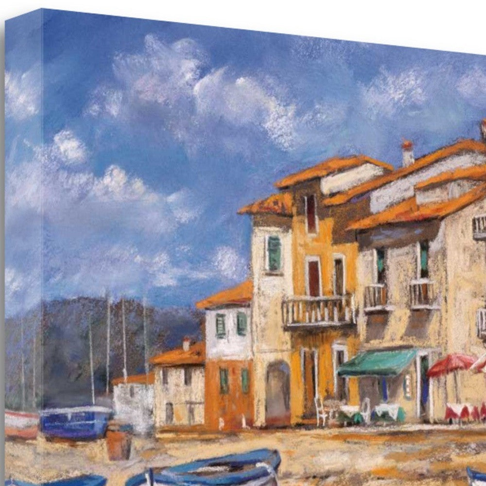 HomeRoots 24" Boats Docked Near Cafes Bright Sunny Day Giclee Wrap Canvas Wall Art