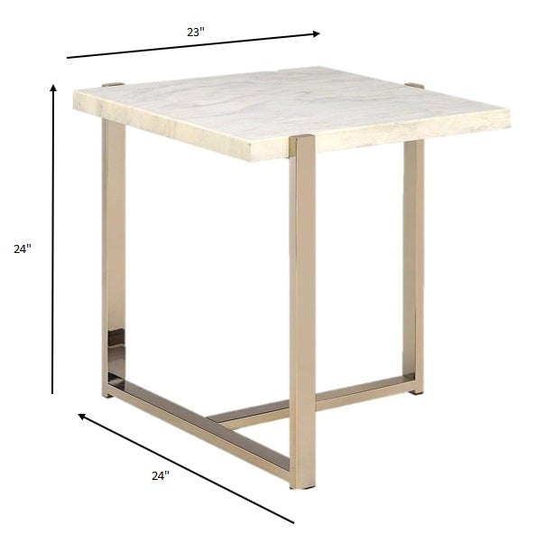 HomeRoots 24" Brass And White Faux Marble End Table