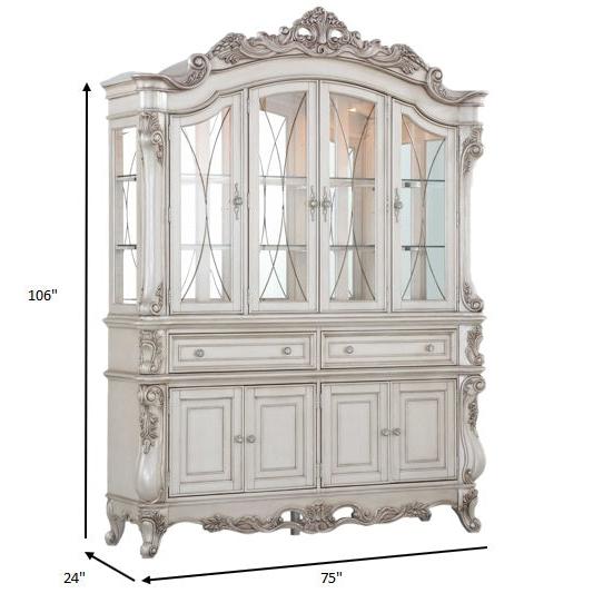HomeRoots 24" x 75" x 106" Wood And Glass Mirror Hutch Buffet in Antique White Finish