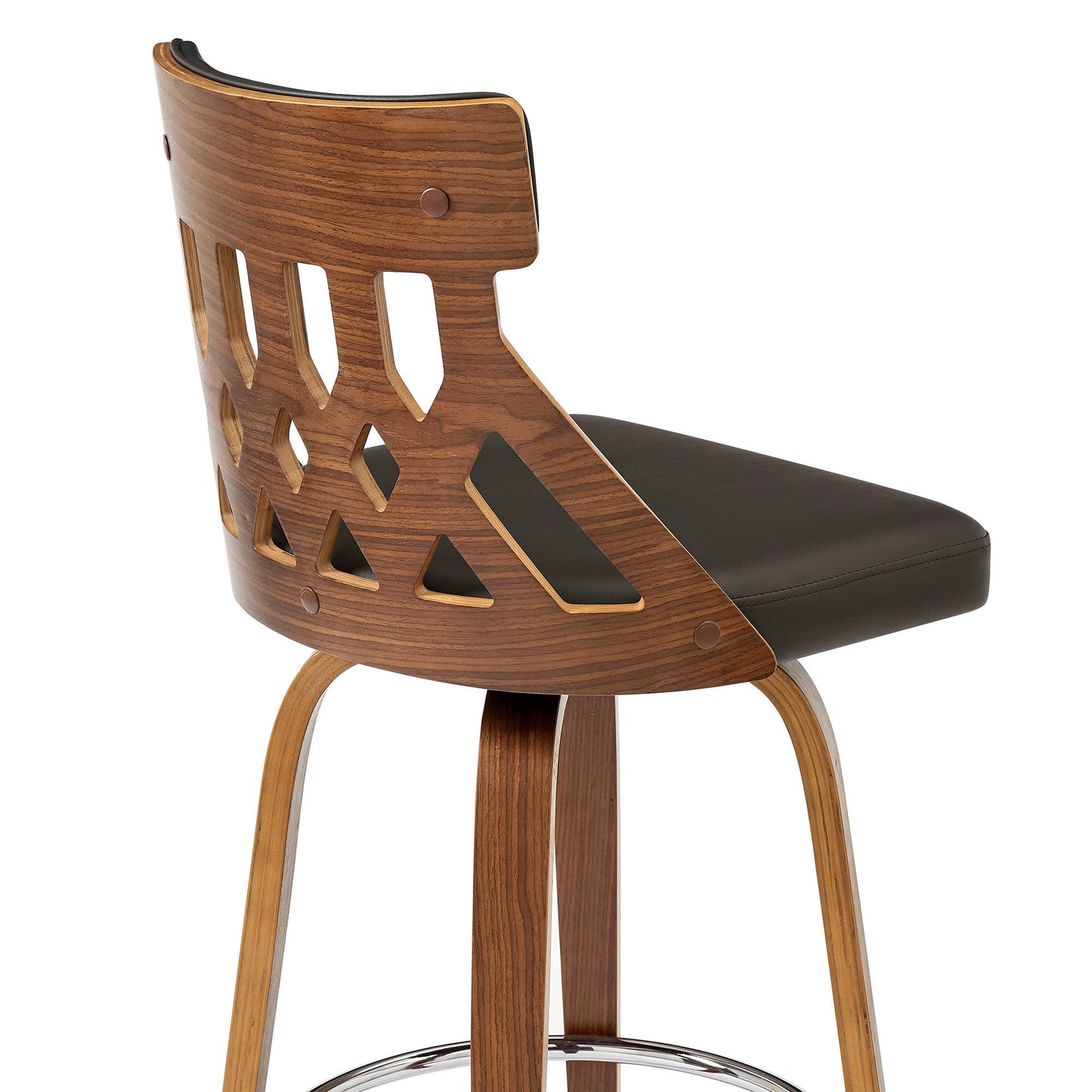 HomeRoots 26" Brown Faux Leather Curved Back Walnut Wood Swivel Bar Stool