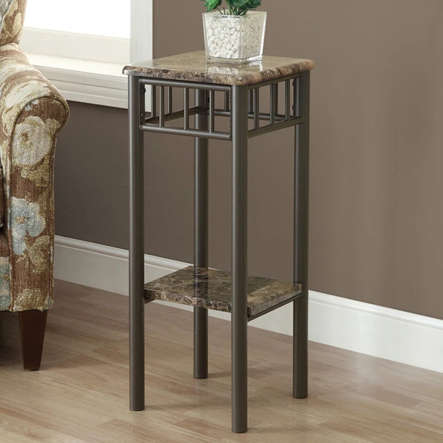 HomeRoots 28" Genuine Marble Look Square End Table in Black And Cappuccino Finish