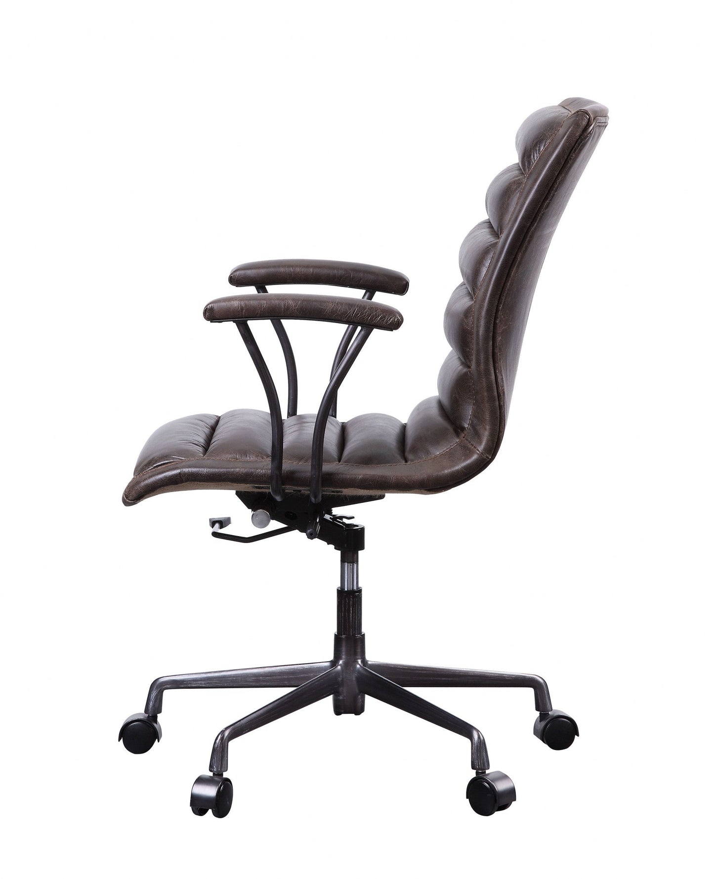 HomeRoots 28" x 25" x 38" Distress Chocolate Top Grain Leather Metal Upholstered (Seat) Casters Engineered Wood Executive Office Chair