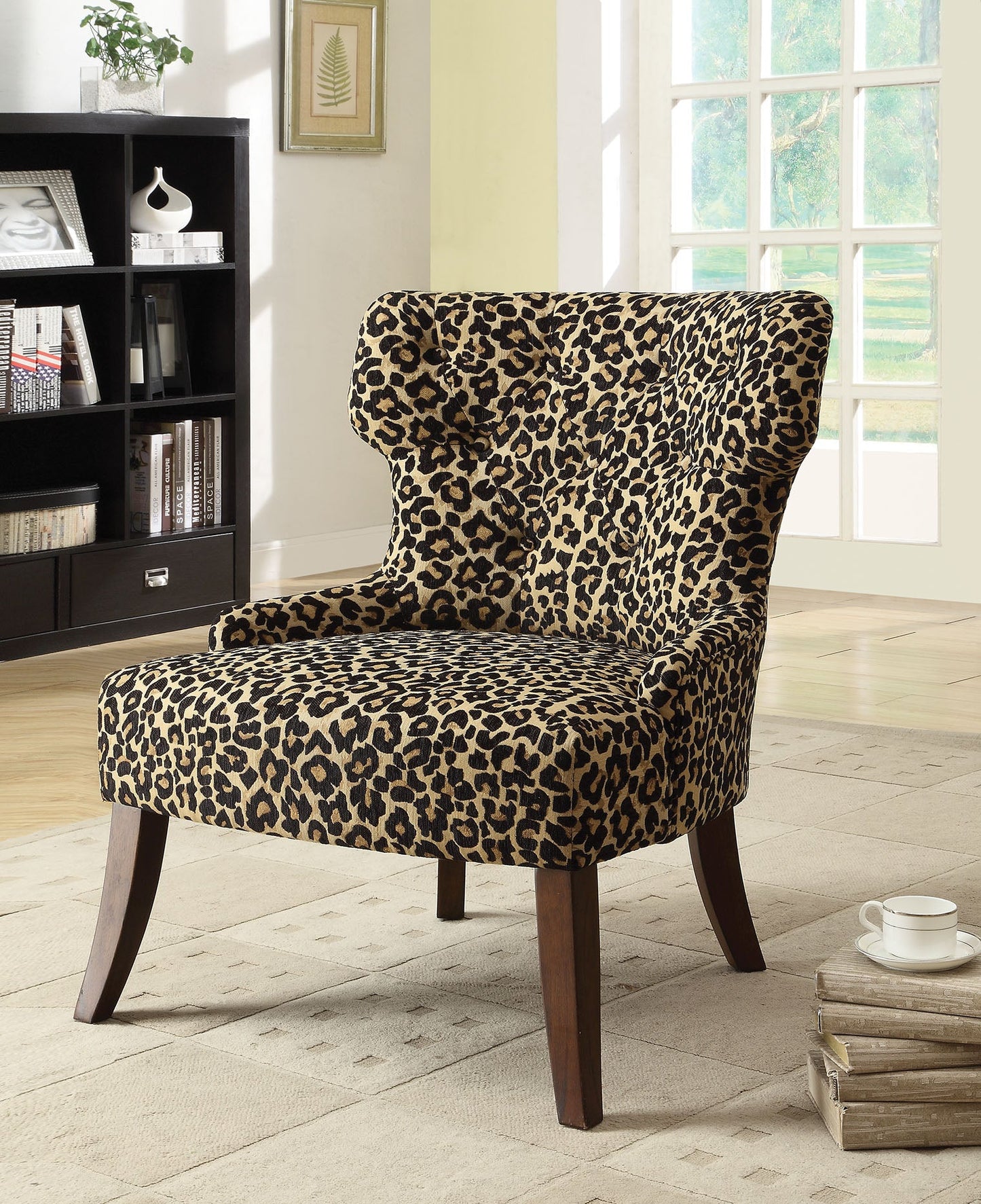 HomeRoots 28" x 30" x 36" Leopard Fabric And Espresso Accent Chair