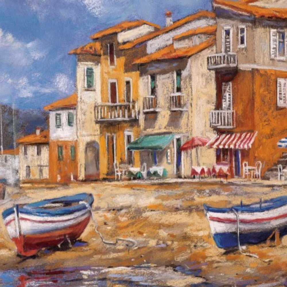 HomeRoots 29" Boats Docked Near Cafes Bright Sunny Day Giclee Wrap Canvas Wall Art