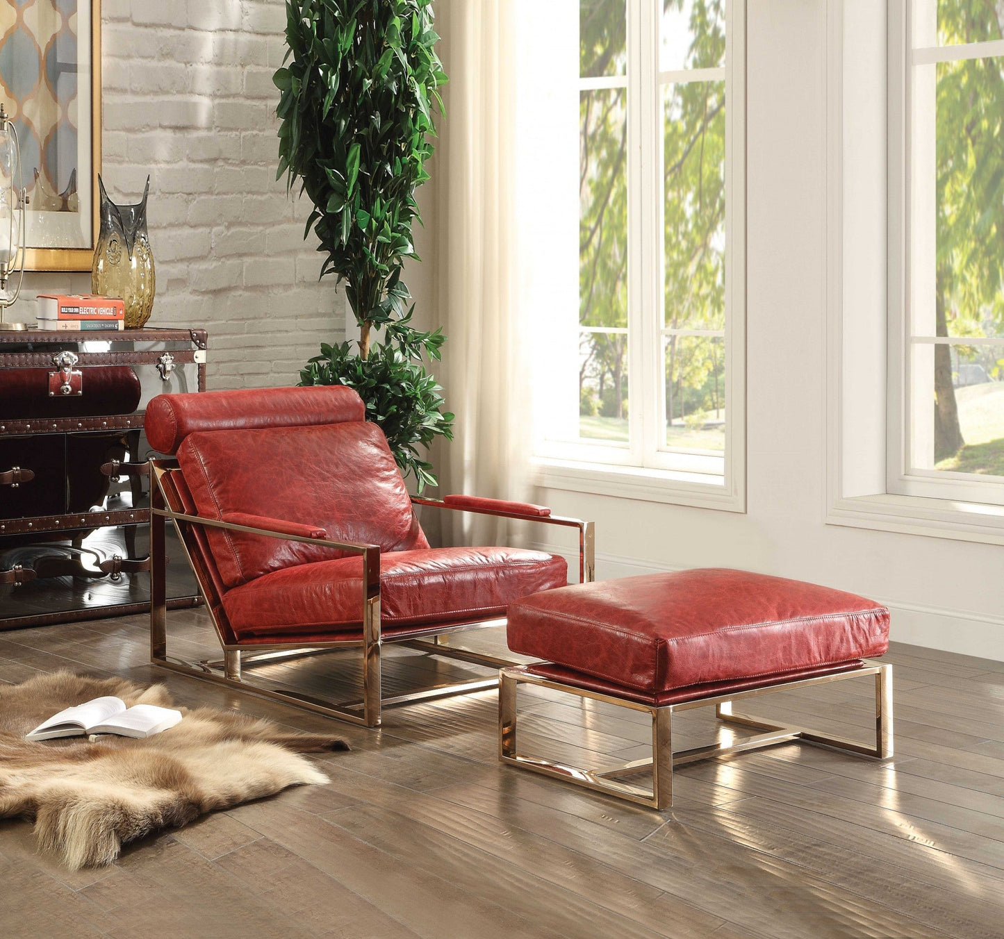 HomeRoots 29" x 48" x 29" Leather Accent Chair With Antique Red Finish