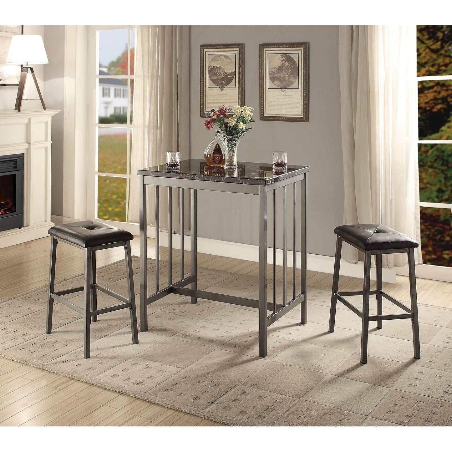 HomeRoots 3 Piece Counter Height Set in Faux Marble Gray and Black Finish