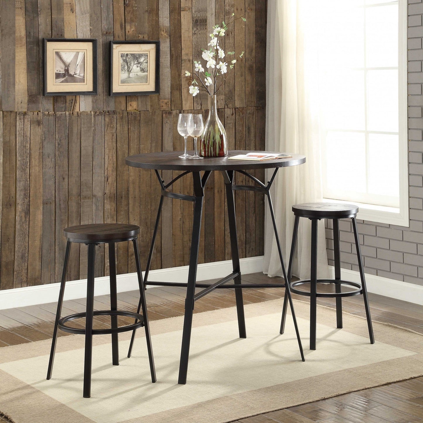 HomeRoots 3-Piece Pack Bar Set in Weathered Dark Oak & Black - Poplar Veneer, MDF, Metal Weathered Dark Oak & Black
