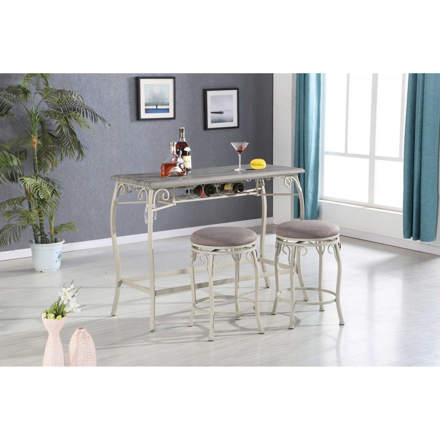 HomeRoots 3 Piece Wooden Counter Height Set in Gray Oak and Fabric Finish