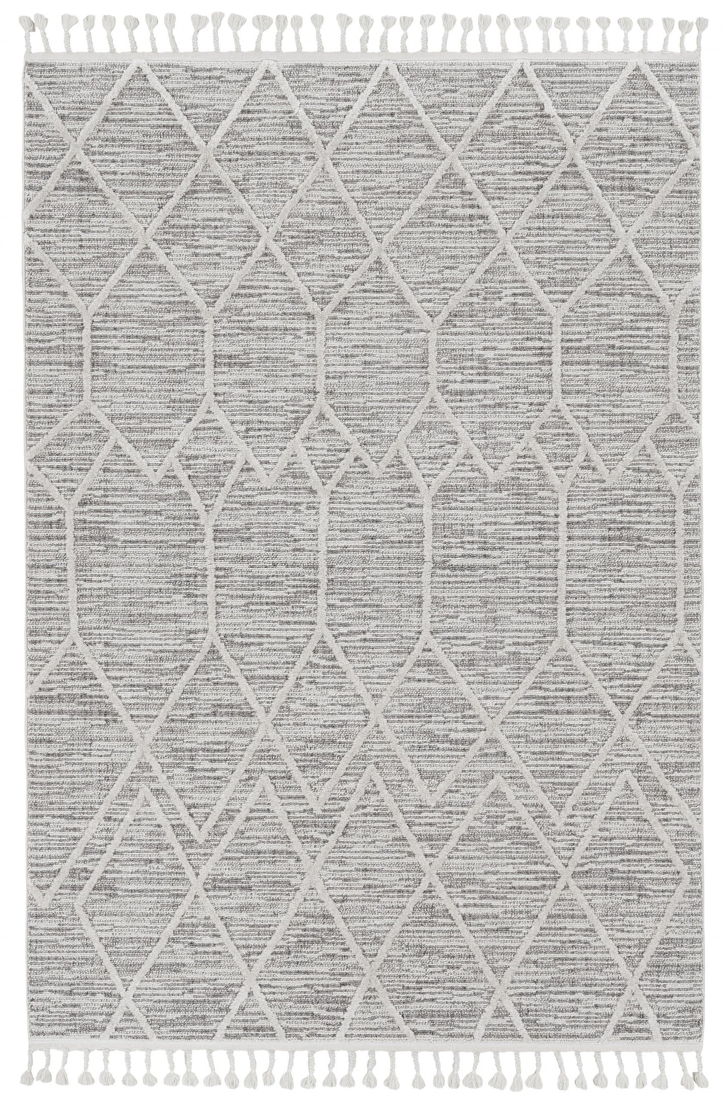 HomeRoots 3' x 5' Ivory Grey Diamonds Area Rug with Fringe