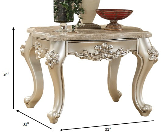 HomeRoots 31" x 31" x 24" Marble Wood End Table With Champagne Finish