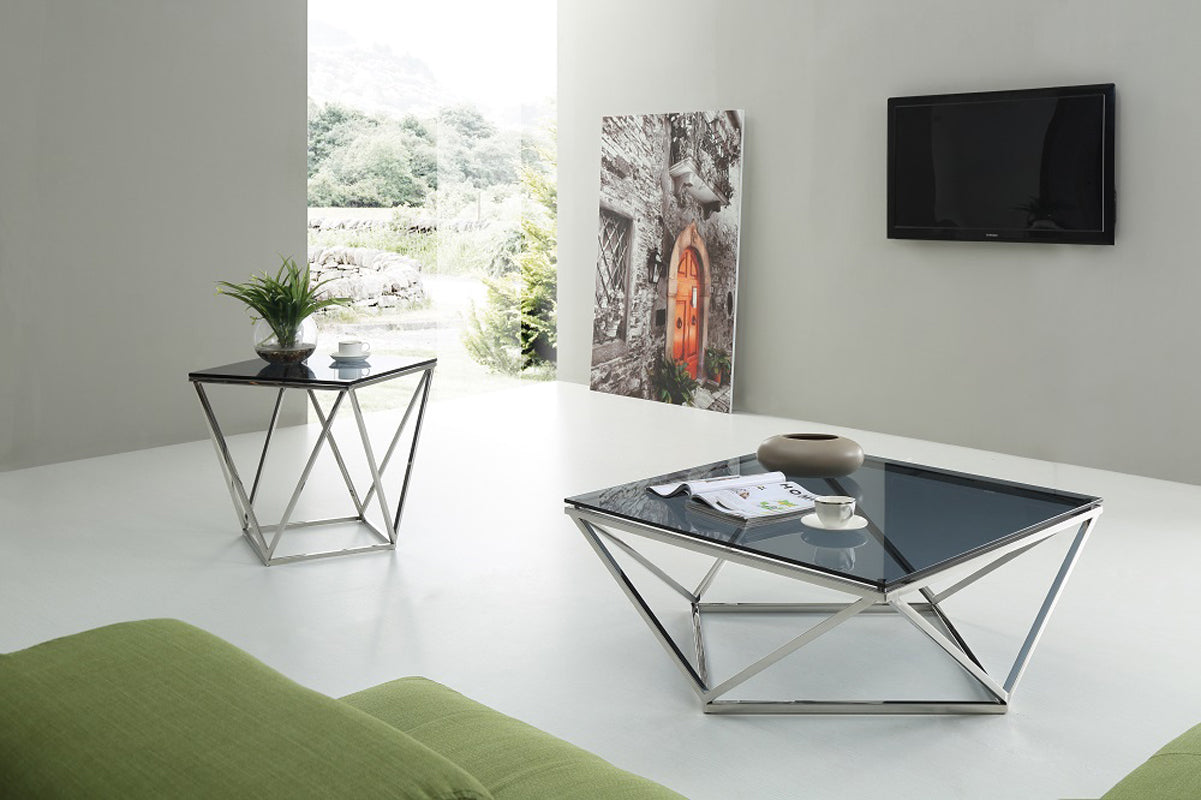 HomeRoots 32' Smoked Glass and Stainless Steel Coffee Table