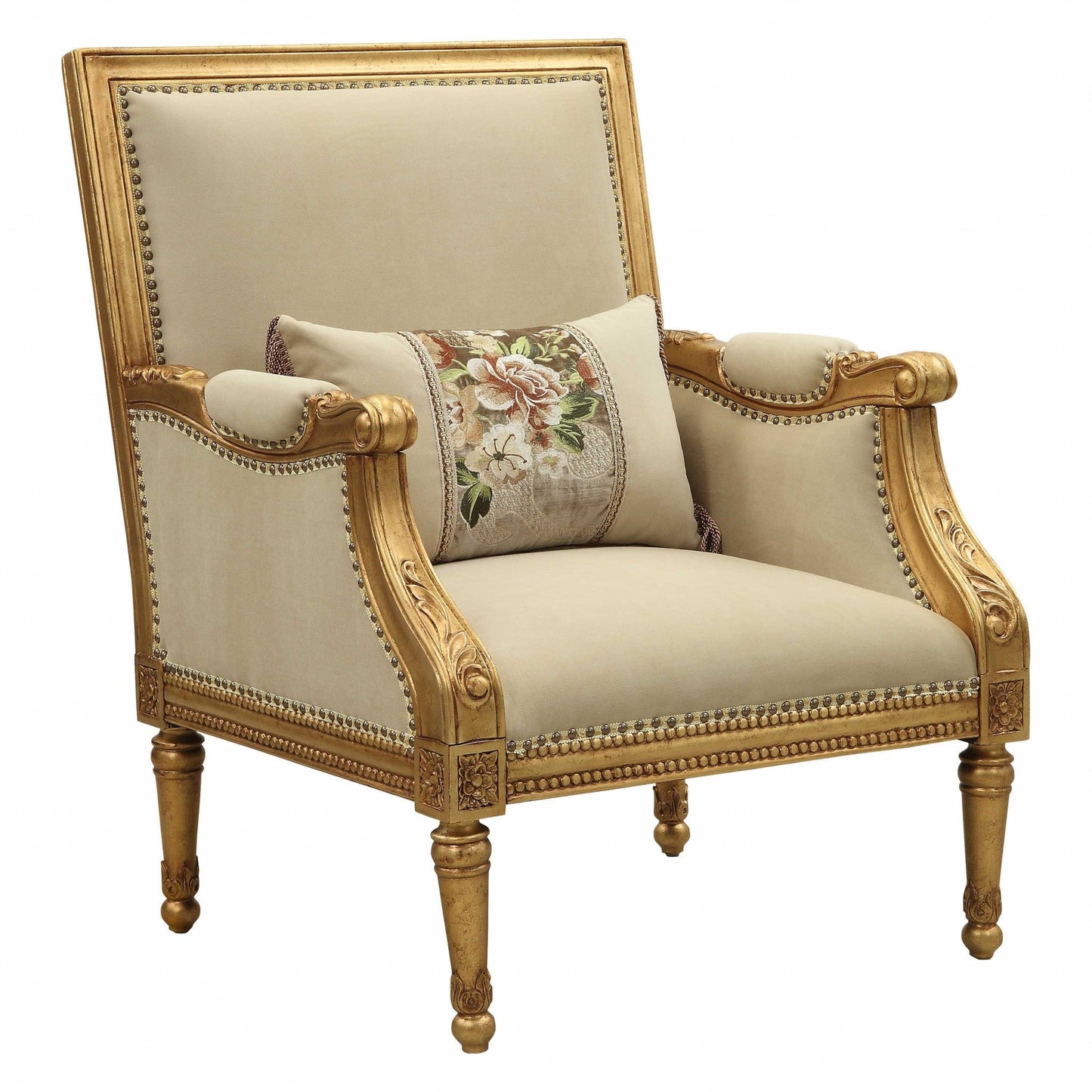 HomeRoots 33' x 32' x 41' Fabric Antique Gold Upholstery Wood LegTrim Accent Chair Pillow