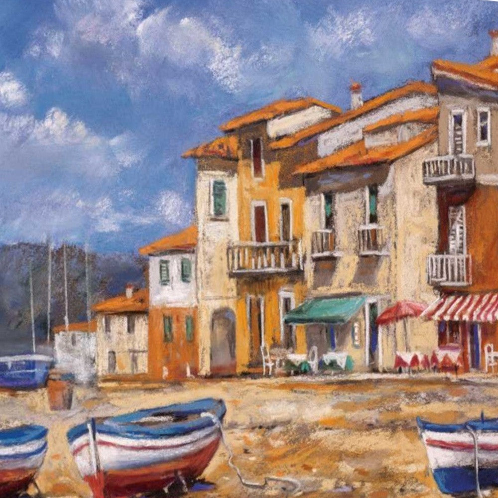 HomeRoots 34" Boats Docked Near Cafes Bright Sunny Day Giclee Wrap Canvas Wall Art