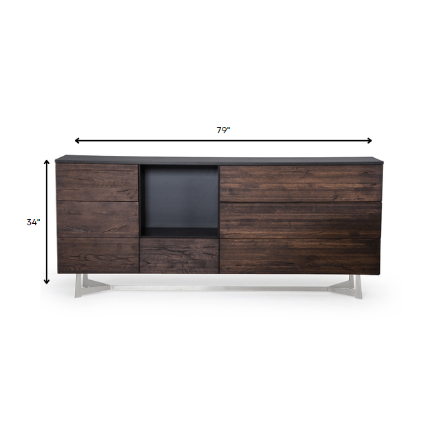 HomeRoots 34" Dark Aged Oak Veneer Steel And Wood Buffet