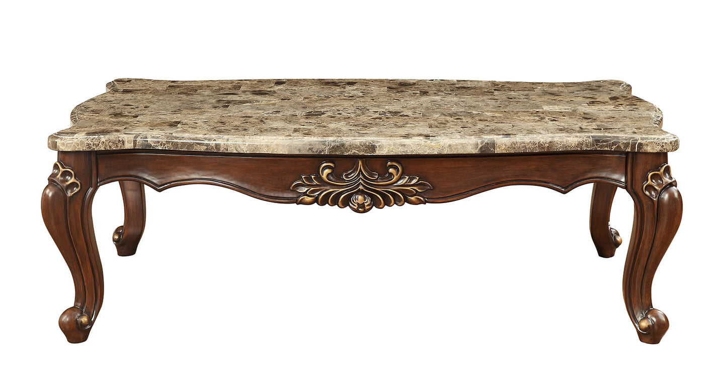 HomeRoots 34" x 60" x 20" Walnut Wood Coffee Table With Marble Top Finish