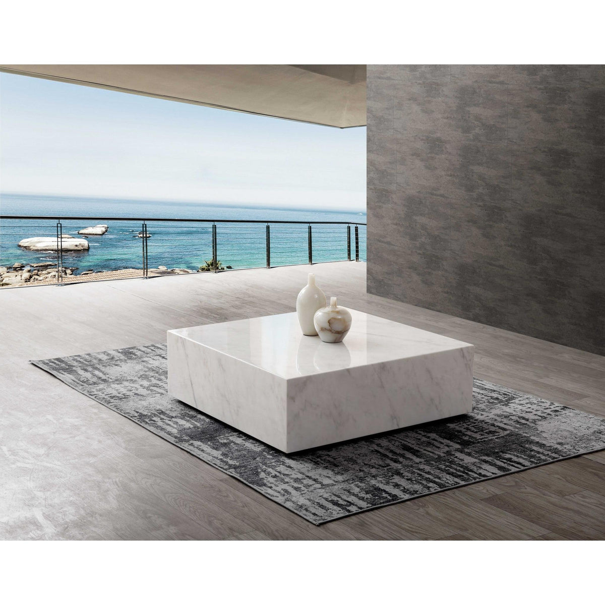 HomeRoots 35 x 35 x 11 White Marble Coffee Table with Casters