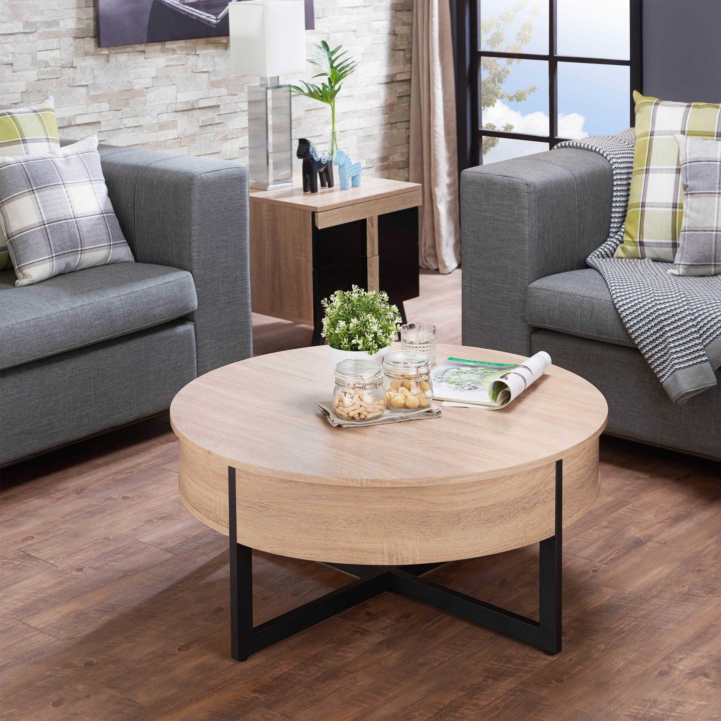 HomeRoots 35" x 35" x 16" Natural And Black Particle Board Coffee Table
