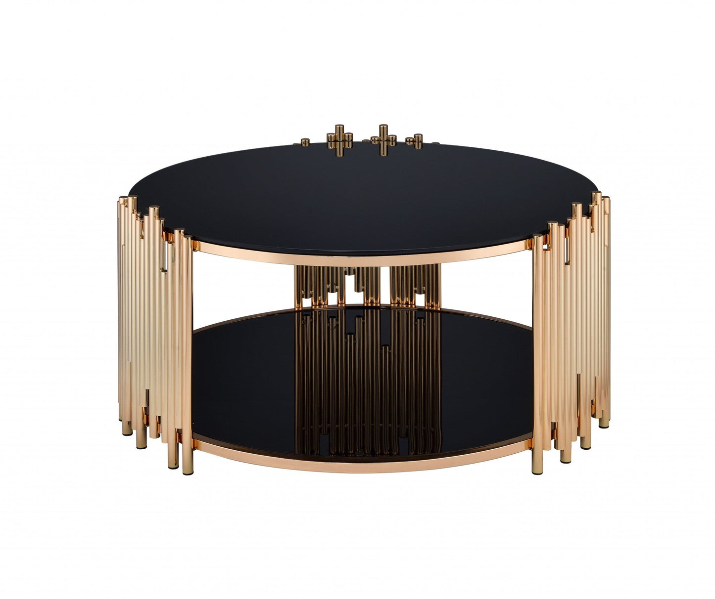 HomeRoots 37' x 37' x 18' Black Glass And Gold Coffee Table