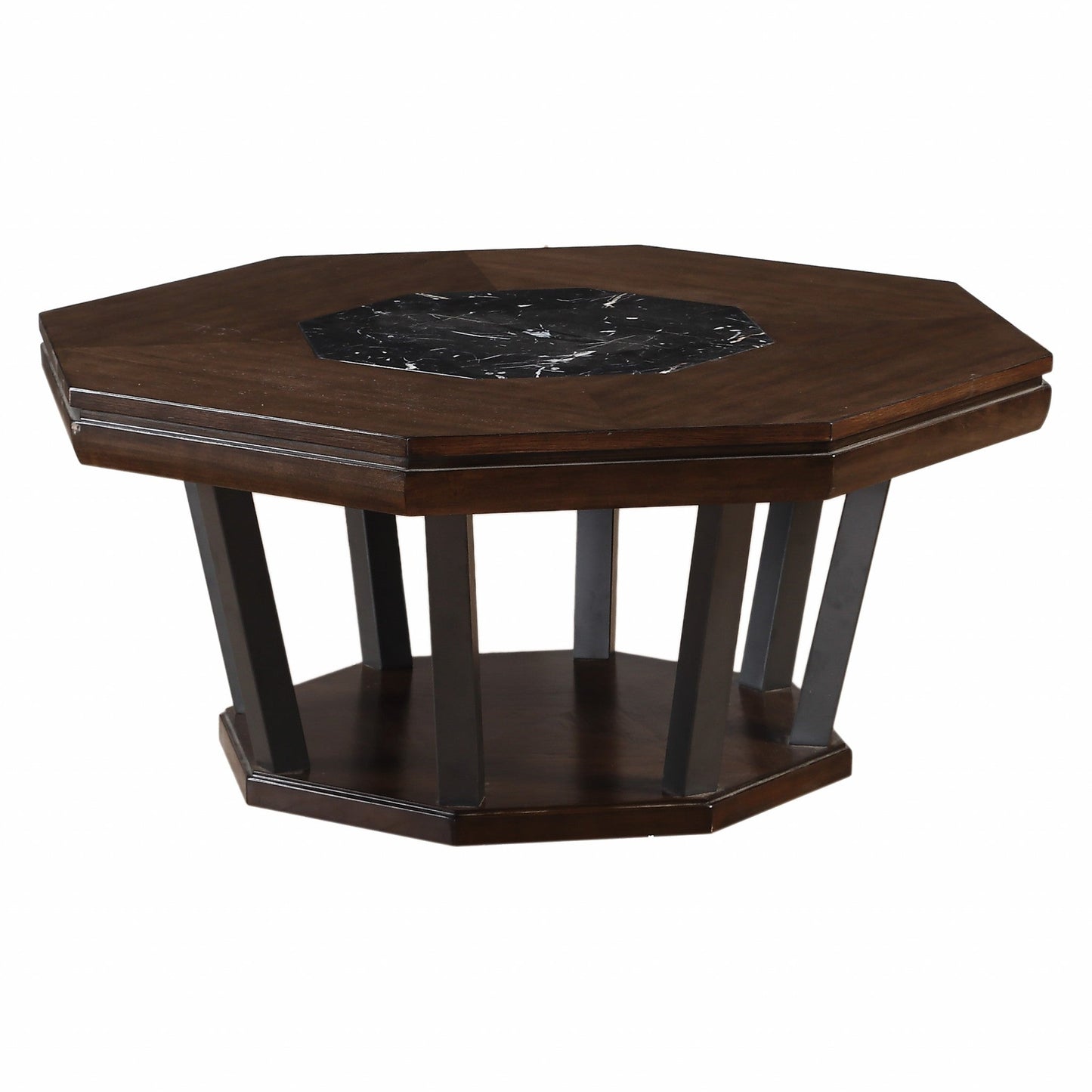 HomeRoots 38" x 38" x 18" Tobacco Coffee Table With Black Marble Finish