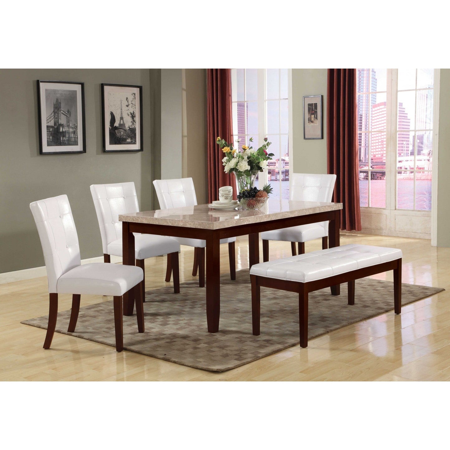 HomeRoots 38" x 64" x 31" Wood Dining Table in White Marble and Walnut Finish