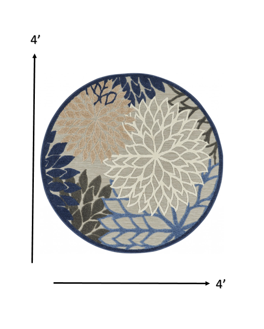 HomeRoots 4’ Round Blue Large Floral Indoor Outdoor Area Rug