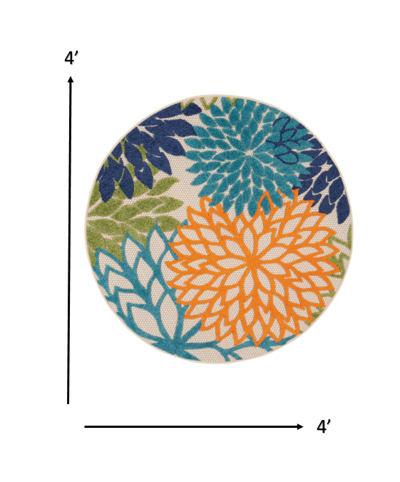 HomeRoots 4’ Round Orange Outdoor Area Rug With Floral Finish
