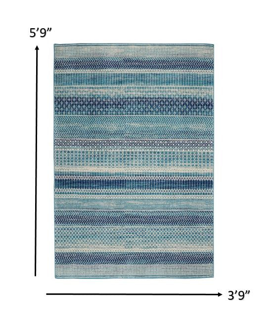 HomeRoots 4’ x 6’ Navy Blue Ornate Stripes Area Rug