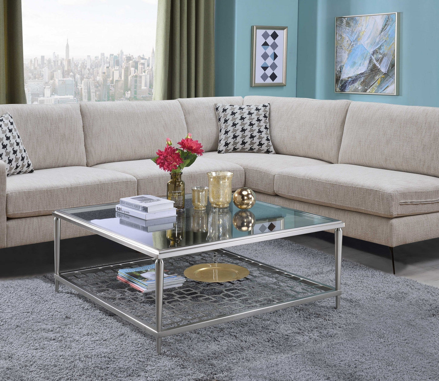 HomeRoots 40" x 40" x 18" Clear Glass Coffee Table in Nickel Finish