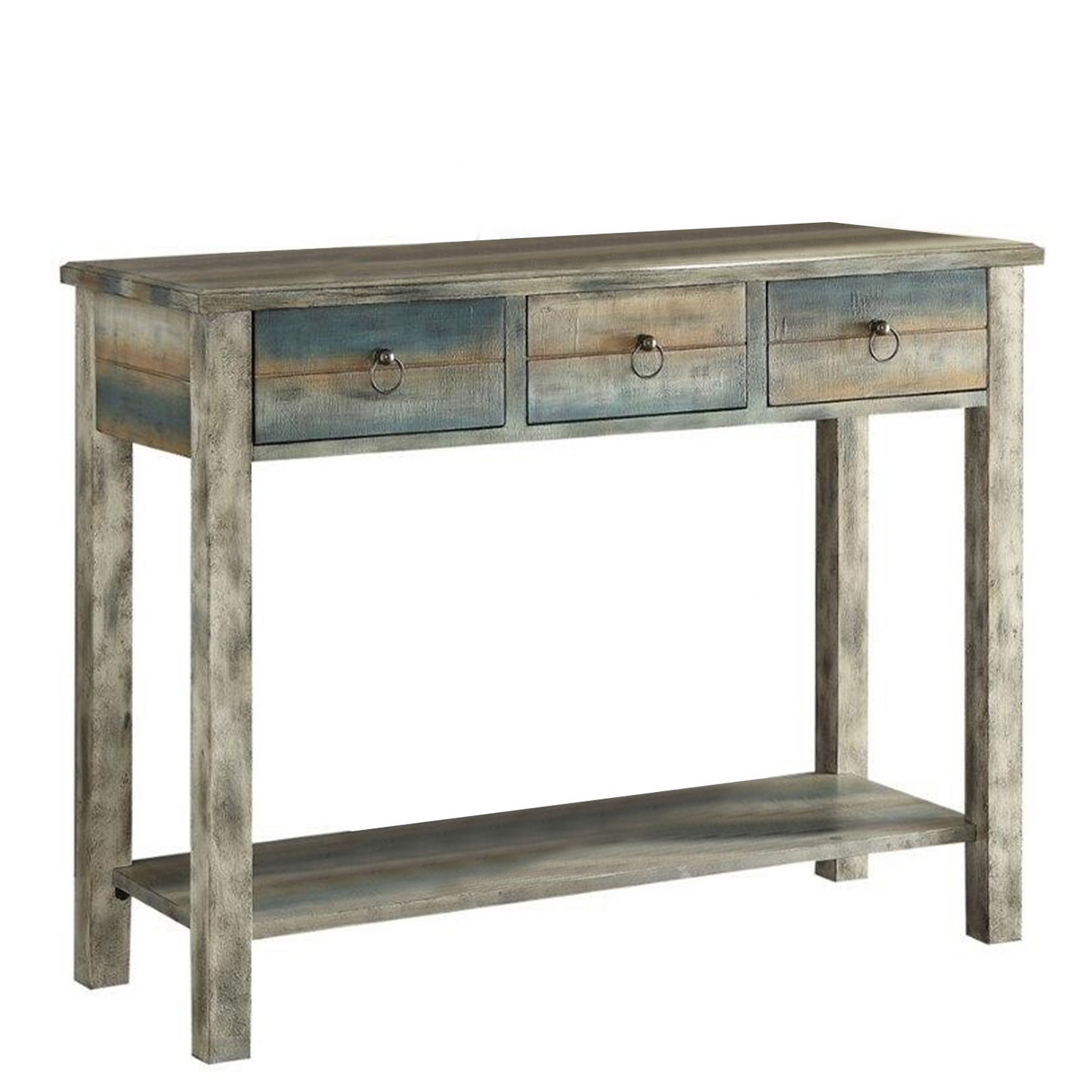 HomeRoots 42" x 16" x 32" Wooden Console Table in Antique White and Teal Finish