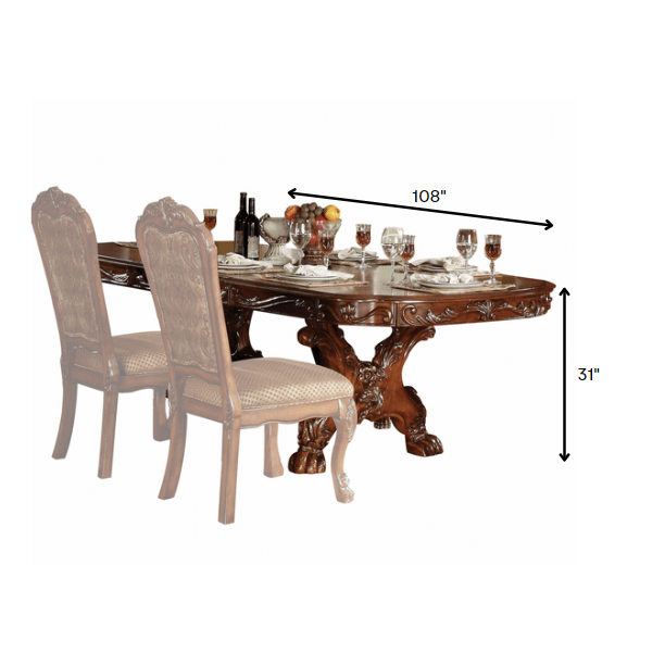 HomeRoots 46" x 108" x 31" Poly Resin Dining Table With Trestle Pedestal in Cherry Oak Wood Finish