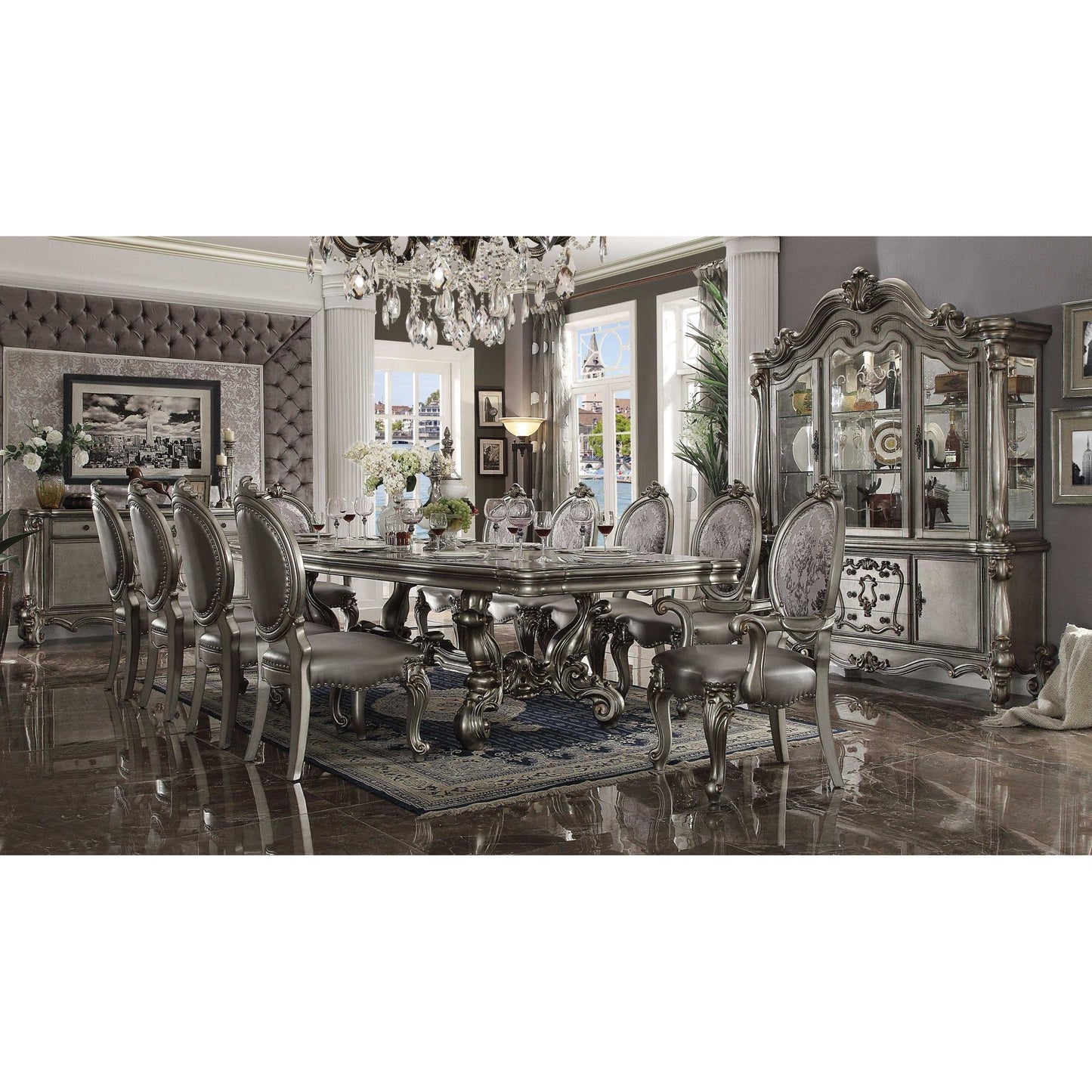 HomeRoots 46" x 120" x 32" Wood Poly Resin Dining Table in Antique Platinum Finish